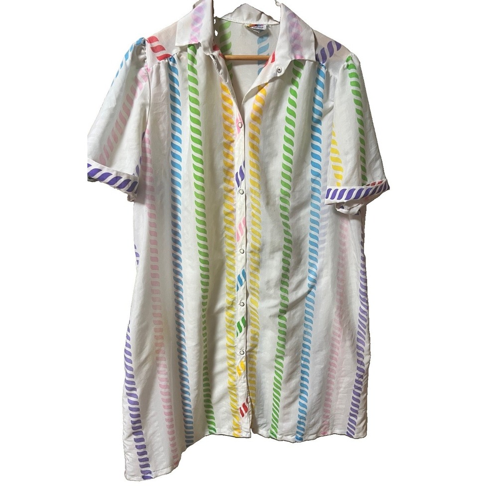 Vintage Ladies 80's Rainbow Fashion's House Dress Short Sleeve Pearl Snap& PKT